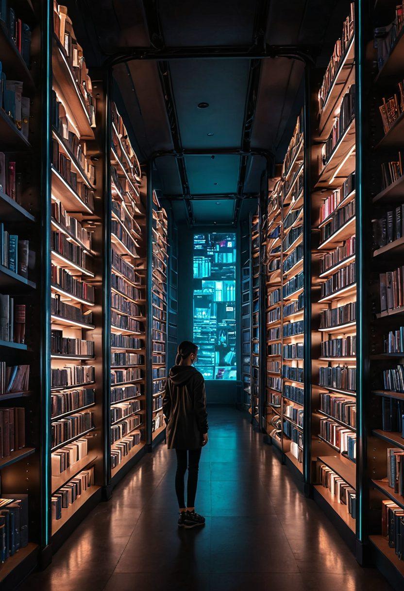 A futuristic digital library with towering virtual bookshelves filled with illuminated books and e-readers. People of various ages wearing smart glasses explore the aisles while holographic screens display an array of classic and contemporary eBooks. The scene is set against a backdrop of a high-tech, sleek environment with floating data streams. cyberpunk. vibrant colors. 3D.
