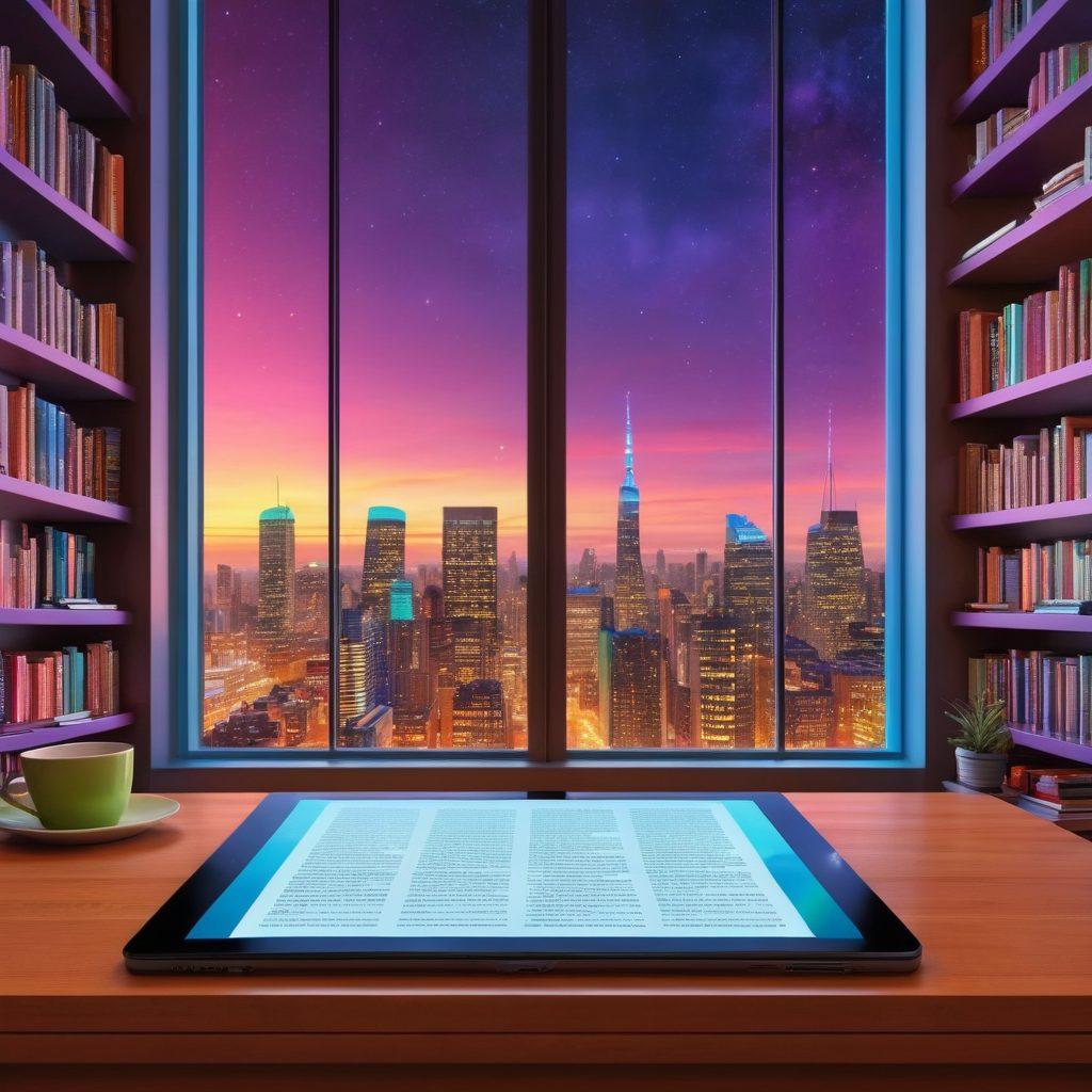 A modern digital reader sitting comfortably with a sleek tablet in hand, surrounded by vibrant digital bookshelves filled with colorful e-books. Background includes soft ambient lighting and a futuristic cityscape through a large window. super-realistic. vibrant colors. cozy atmosphere.