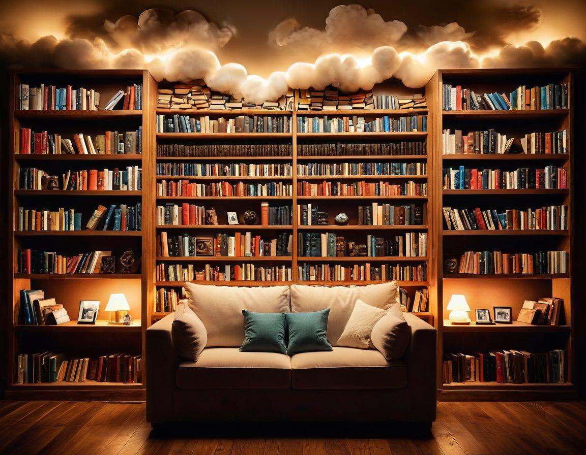 A cozy reading nook with a stack of digital tablets and e-readers displaying various book covers, surrounded by a floating cloud of book icons. A serene background showcasing a library setting with warm lighting and rustic wooden shelves filled with books. super-realistic. vibrant colors. warm and inviting.
